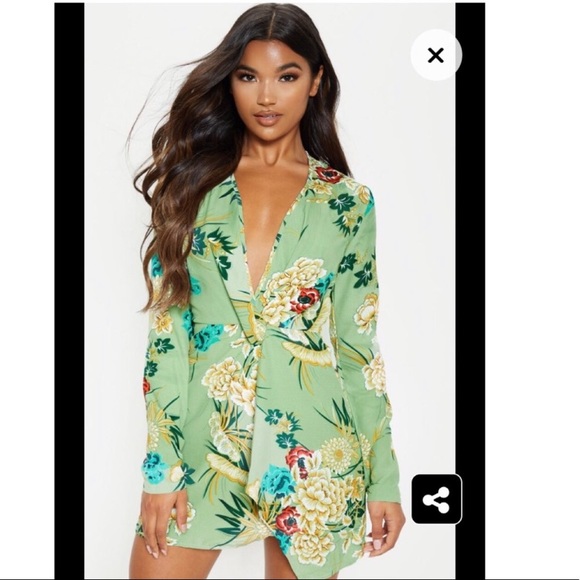 Sage botanical print faux wrap long sleeve dress - Picture 3 of 5